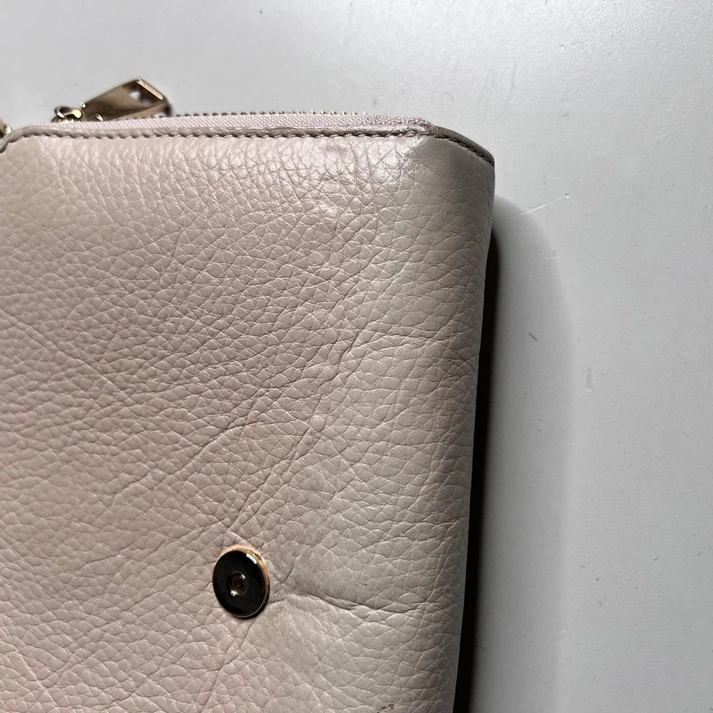 Tory Burch Crossbody Bag Womens Small Beige Leather Flap Wallet‎ Whipstitch Logo
